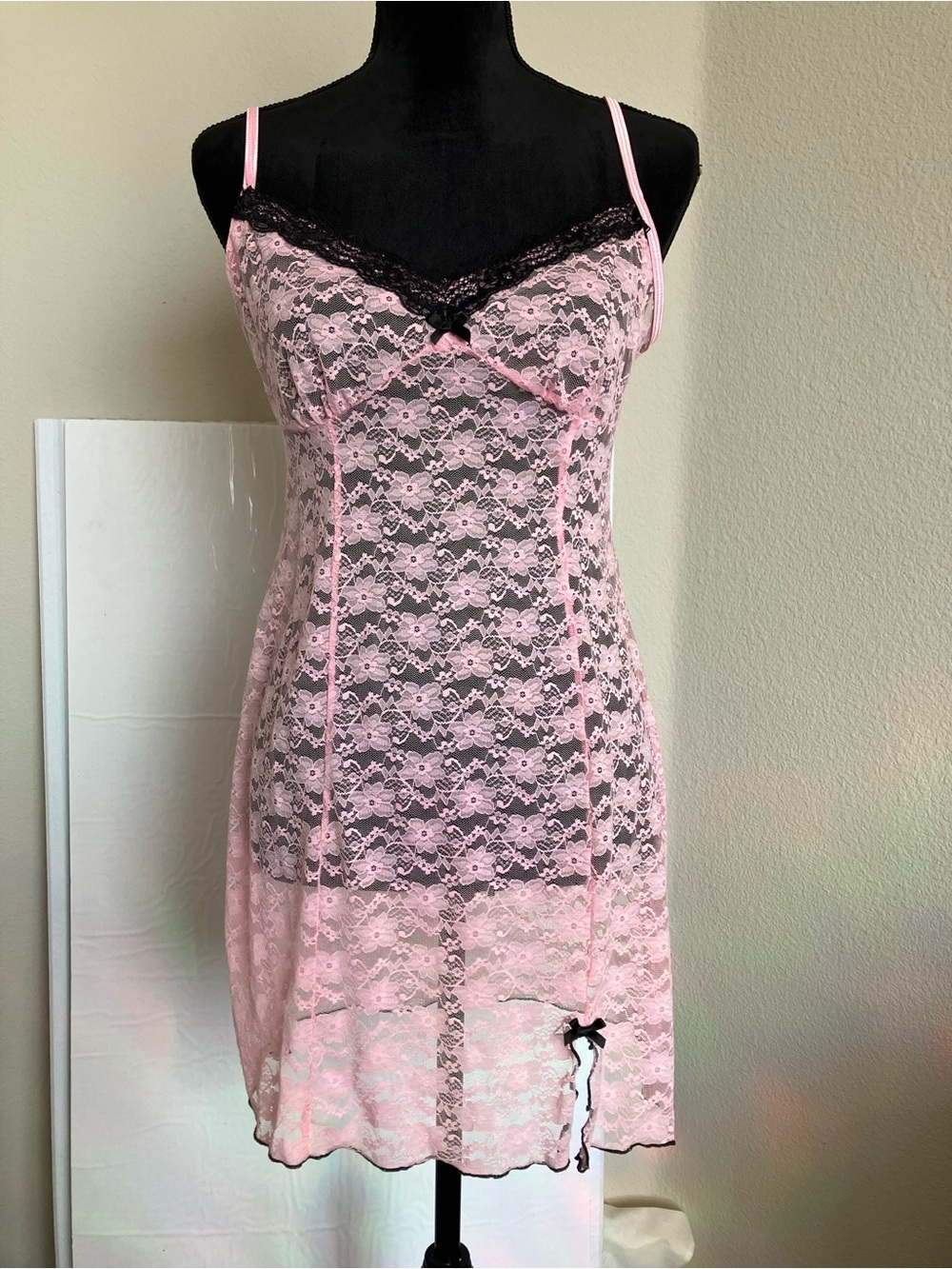 Lace Chemise Slip with Black Trim - Pink
